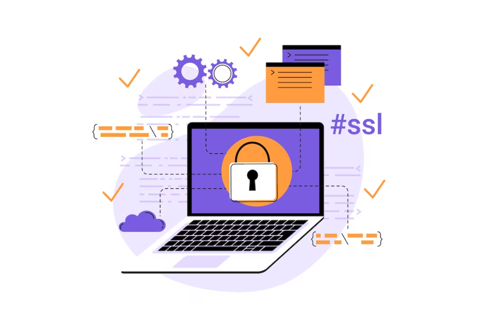 Graphic of a laptop with a lock symbol denoting SSL encryption