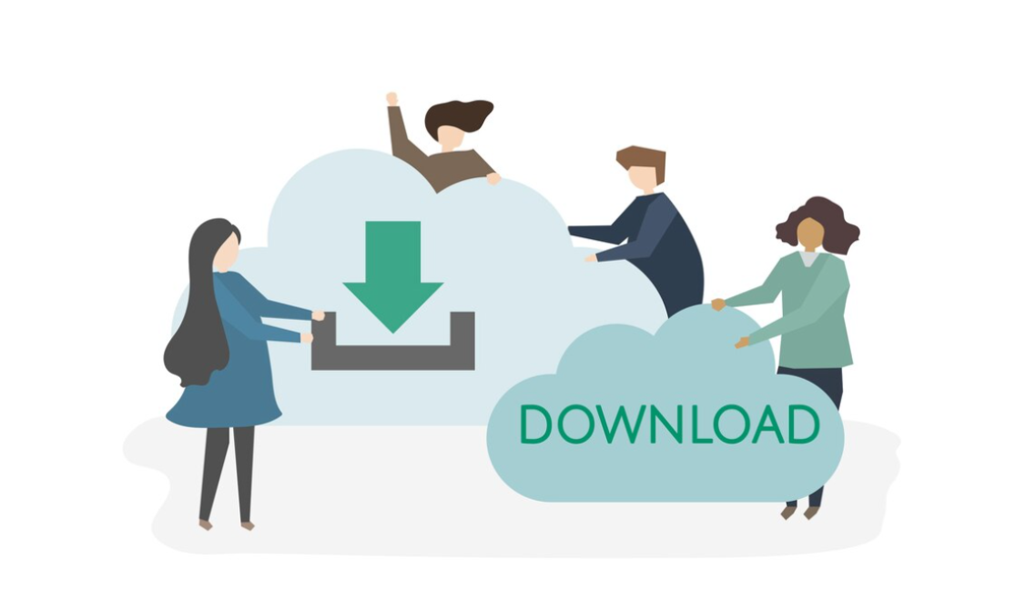 Four individuals interact with a large cloud labeled 'DOWNLOAD'